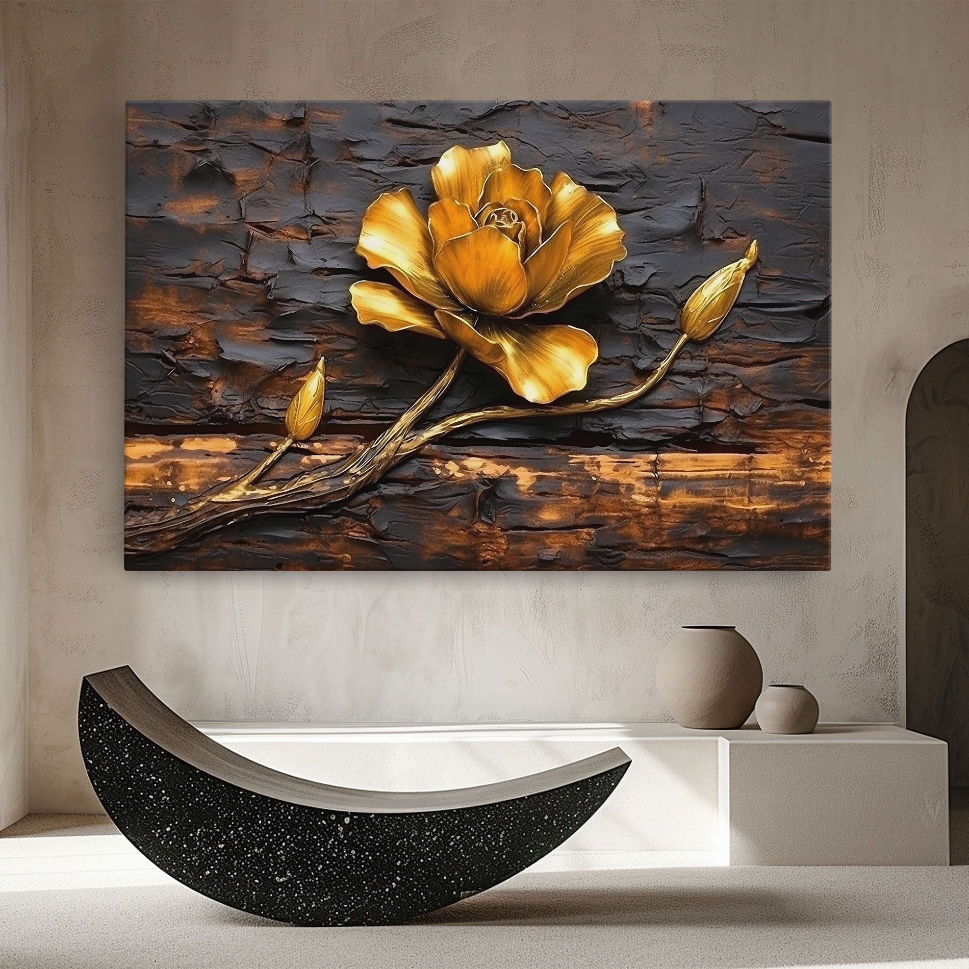 Картина на платно Golden Rose On Wood